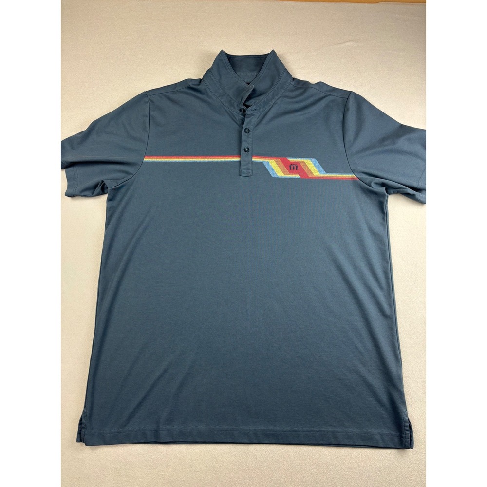 Travis Mathew Men's XXL Polo Shirt Dark Blue Retro Multi Color Chest Stripe